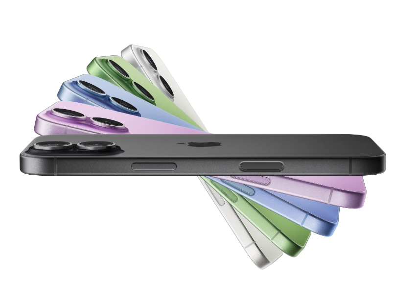 iPhone 17 em cinco cores, visto pela lateral
