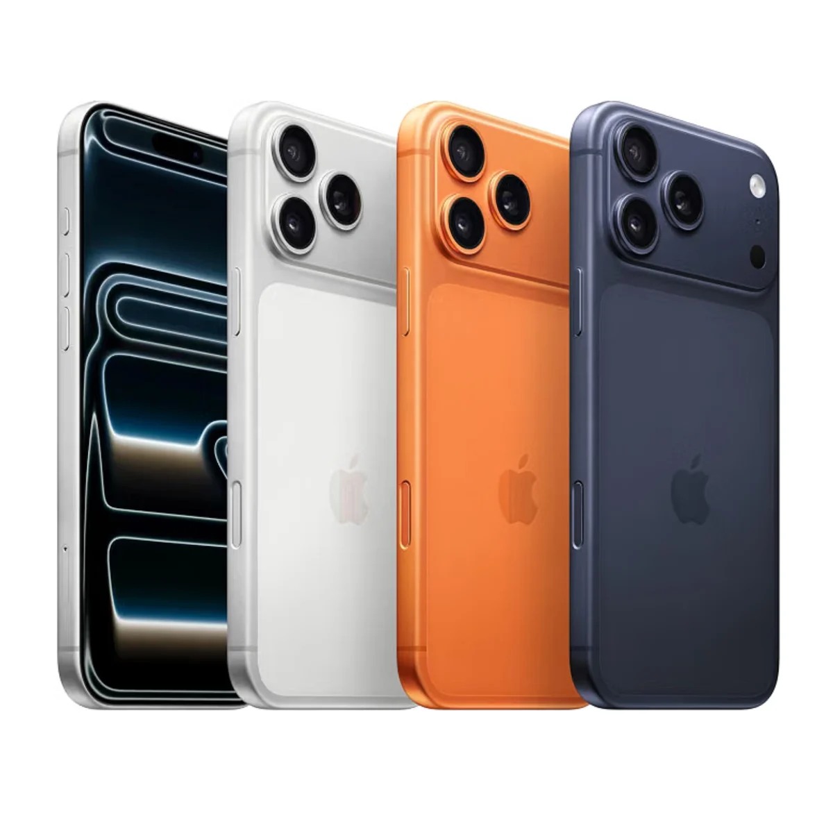 iPhone 17 Pro Max nas cores prateado, laranja-cósmico e azul-intenso