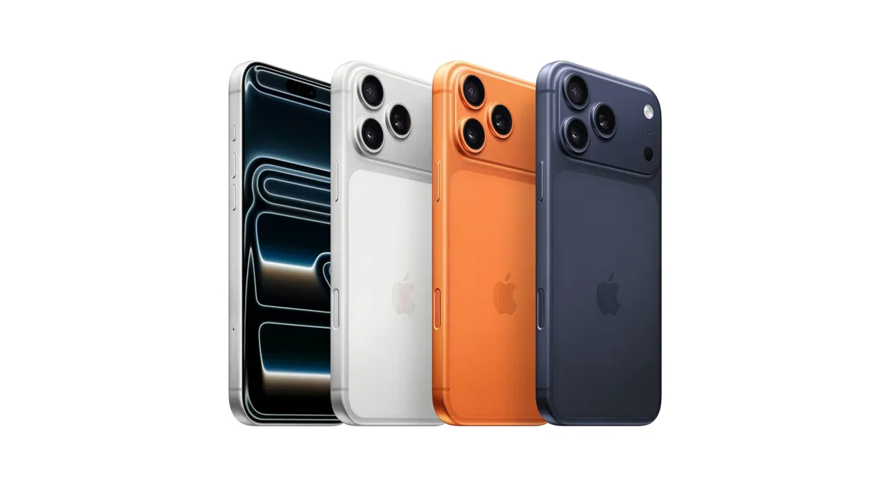 iPhone 17 Pro Max em prateado, laranja-cósmico e azul-intenso