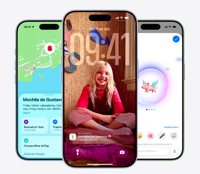 Três telas do iPhone 17 exibindo recursos do aparelho